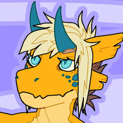 Drawing of a close up of the head of a dragon. The color of the skin is yellow, with a few blue scales below the clear blue eyes, has two dark blue horns pointing up and light hay colored hair.