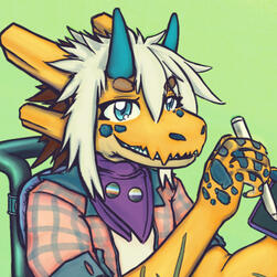 Drawing of a close up of the head of a dragon. The color of the skin is yellow, with a few blue scales below the clear blue eyes, has two dark blue horns pointing up and light hay colored hair.